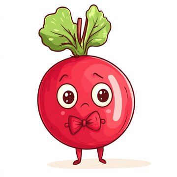 recommend clip art: A silly radish with a bowtie, have eyes, cartoonish style, bright red, isolated on white background.