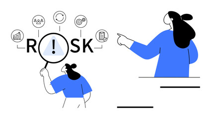 Businesswoman examining risk factors with a magnifying glass. Ideal for business analysis, risk management, decision-making, problem-solving, and strategy planning. Simple flat design style with blue