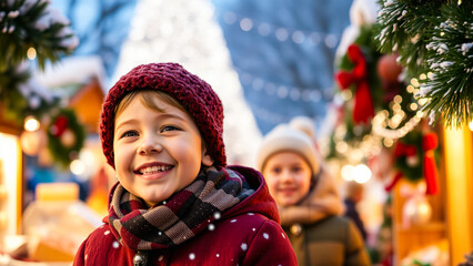 young girl smiles brightly at a winter market
