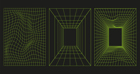 Set of distorted vertical grid patterns.Y2K Retrowave shapes, vaporwave, rave. Trendy retro shapes 1980s, 90s, 2000s style. vector