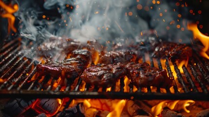 Smoky barbecue grill with delicious food cooking over the flames