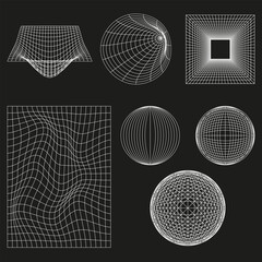 Retro futuristic geometric design elements set. Neo futuristic style 80s 90s distorted brutalism shapes, minimalist geometric elements. Vector illustration