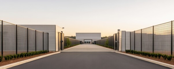 Fototapeta premium Modern facility entrance with a clear pathway, surrounded by security fencing under a serene sky at sunset.