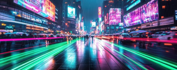Obraz premium Vibrant cityscape at night showcasing neon lights and dynamic traffic, creating a lively urban atmosphere.