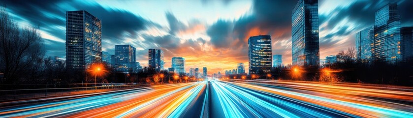 Obraz premium Vibrant cityscape at dusk showcasing dynamic traffic movement and illuminated skyscrapers under a dramatic sky.