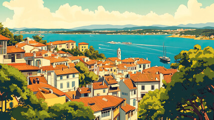 Obraz premium Burgas, Bulgaria, french vintage Art Nouveau & Art Deco travel poster template. Cityscape and city skyline.Classic La Belle Epoque vichy art. Clear, simple, trendy