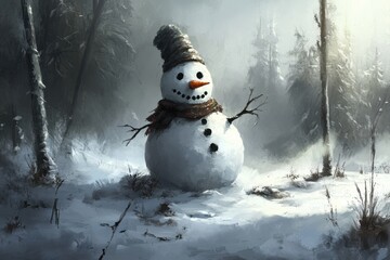 Obraz premium Cheerful snowman in wintry scene