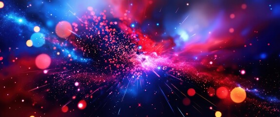 Fototapeta premium Cosmic explosion, vibrant nebula, red and blue space clouds, interstellar dust, celestial burst, starry background, galaxy formation, cosmic energy, deep space, astronomical phenomenon, colorful cosmo