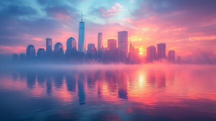 Fototapeta premium Vibrant Cityscape at Sunrise with Light Fog