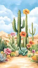A whimsical watercolor illustration of various cacti in an arid desert, their spiky leaves and vibrant colors adding life to the scene