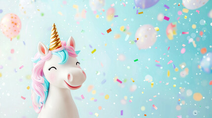 A pastel-colored unicorn wearing a festive New Year hat, standing on the left side of a smooth pastel blue background with floating confetti around it.
