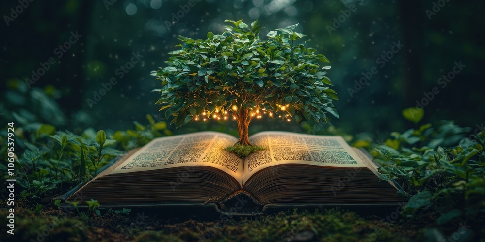 Aufkleber A Small Tree Growing From an Open Book in a Forest Setting