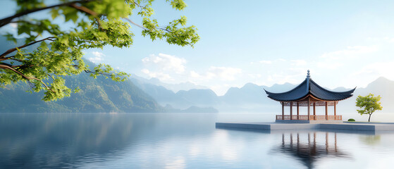 Obraz premium Serene reflection a stunning chinese pavilion with ornate carvings amidst tranquil waters and majestic mountains