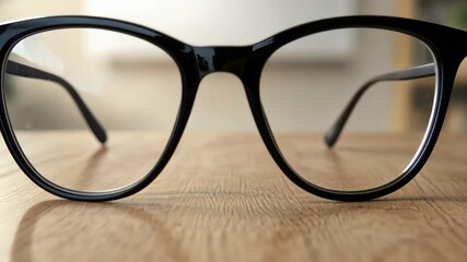 Black eyeglasses lay on a wooden surface - Powered by Adobe