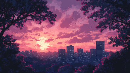 Fototapeta premium Vibrant Synthwave Cityscape: Neon Anime and Manga Art