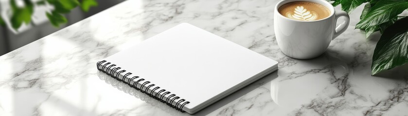 Blank spiral notebook on a marble desk with a cup of coffee, creating a calm and inviting workspace for creativity and note-taking.