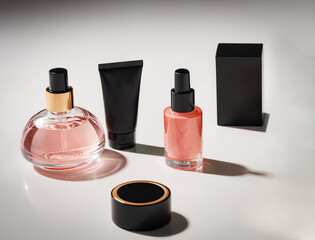 3D rendering of Elegant Composition of Perfume and Cosmetic Products on Display