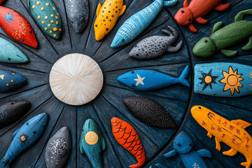 Handpainted circular zodiac wheel featuring vibrant animals and symbolism in a unique artistic presentation