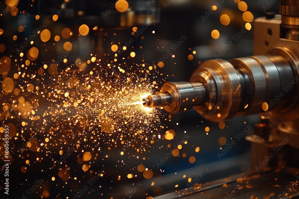 Poster close-up of a metalworking machine with sparks flying