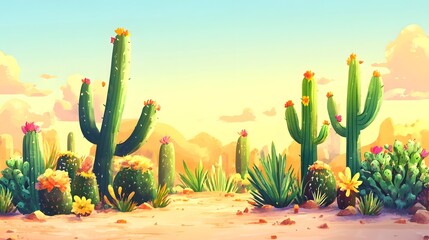 A whimsical watercolor illustration of various cacti in an arid desert, their spiky leaves and vibrant colors adding life to the scene