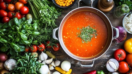 A vibrant pot of tomato soup surrounded by fresh vegetables and herbs, ready for cooking.