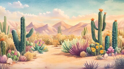 A whimsical watercolor illustration of various cacti in an arid desert, their spiky leaves and vibrant colors adding life to the scene