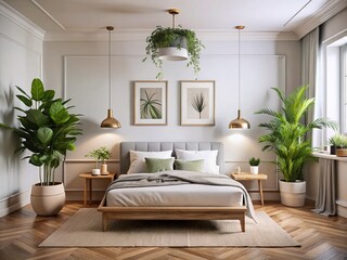 Minimalist Bedroom Interior with White Walls, Double Bed, Framed Poster, and Indoor Plant - Serene and Simple Design for Tranquil Living Spaces
