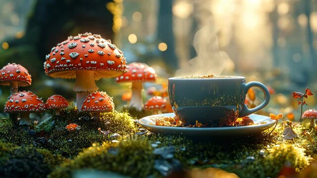 Steam rising from coffee cup surrounded by fly agaric mushrooms