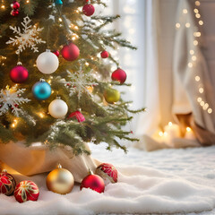 AI generated image of Christmas tree in snow with ornaments in house background