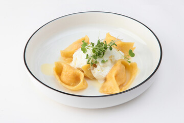 Ravioli with salmon on a white plate. Copy space. Isolated object.