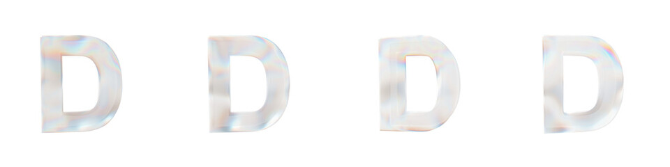 Set of 4 3d letter D with glass distortion effect isolated on a transparent background. 3d transparent elements for graphic design.