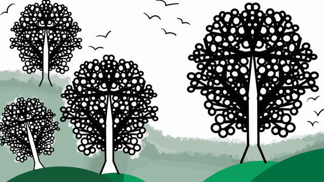 Ilustra&ccedil;&atilde;o Vetorial &aacute;rvore, paisagem, natureza, vector, c&eacute;u, ver&atilde;o, ilustra&ccedil;&atilde;o, folha, relva, &aacute;rvore, primavera, flor, condimentar, escurecer, design, planta, arte, sol, campo, cercar, parque, outonal