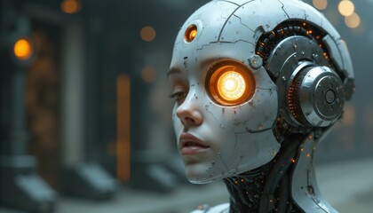 Fototapeta premium Futuristic Cybernetic Face with Glowing Eye and Intricate Machinery