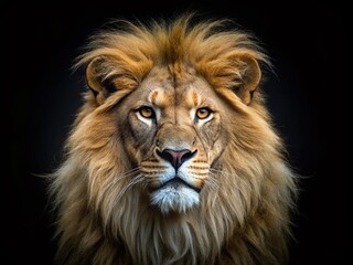Fototapeta premium Minimalist Close-Up of a Majestic Lion Panthera Leo Against a Black Background, Capturing the Essence of Wildlife in Stunning Detail