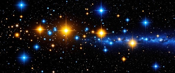 Obraz premium Deep space, twinkling stars, cosmic dust, blue nebula, golden celestial bodies, astronomical phenomenon, galactic cluster, starry night sky, vibrant cosmic colors, interstellar clouds, celestial light