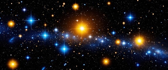Obraz premium Deep space, twinkling stars, cosmic dust, blue nebula, golden celestial bodies, astronomical phenomenon, galactic cluster, starry night sky, vibrant cosmic colors, interstellar clouds, celestial light