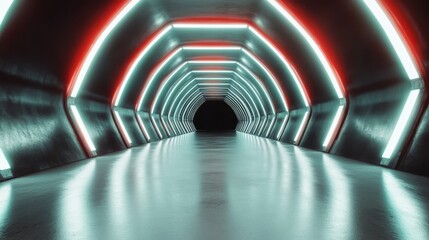 A striking futuristic hallway with alternating red and turquoise lighting, creating a vibrant and adventurous space reminiscent of sci-fi environments.