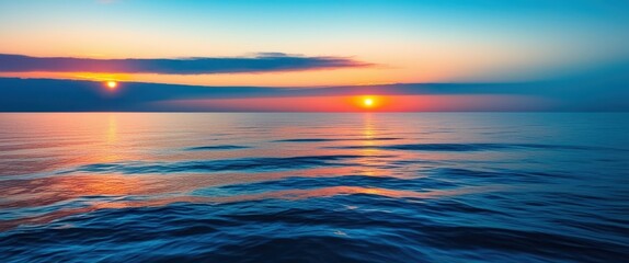 Obraz premium Serene ocean sunset, vibrant orange and blue horizon, smooth wave patterns, abstract seascape, long exposure photography, panoramic view, tranquil waters, ethereal atmosphere, minimalist composition, 