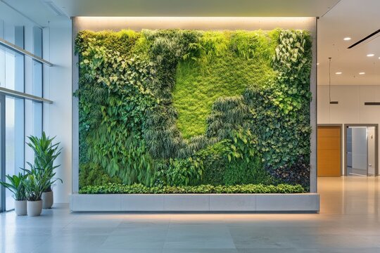 Collection of Vertical Gardens Showcasing an Array of Ferns, Mosses, and Succulents, Creating a Lush Green Wal