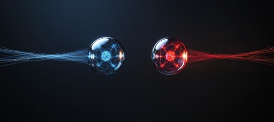 Blue and red atom proton particle ready to collide. Physics science theory experiment. Generative ai technology.	
