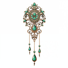 Cartoon of an ornate brooch with emerald-like jewels hanging elegantly