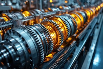 Close-up of a Complex Industrial Machine with Glowing Gears