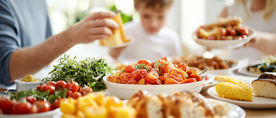 A heartwarming family reunion dinner cherishing moments over a table overflowing with delicious food