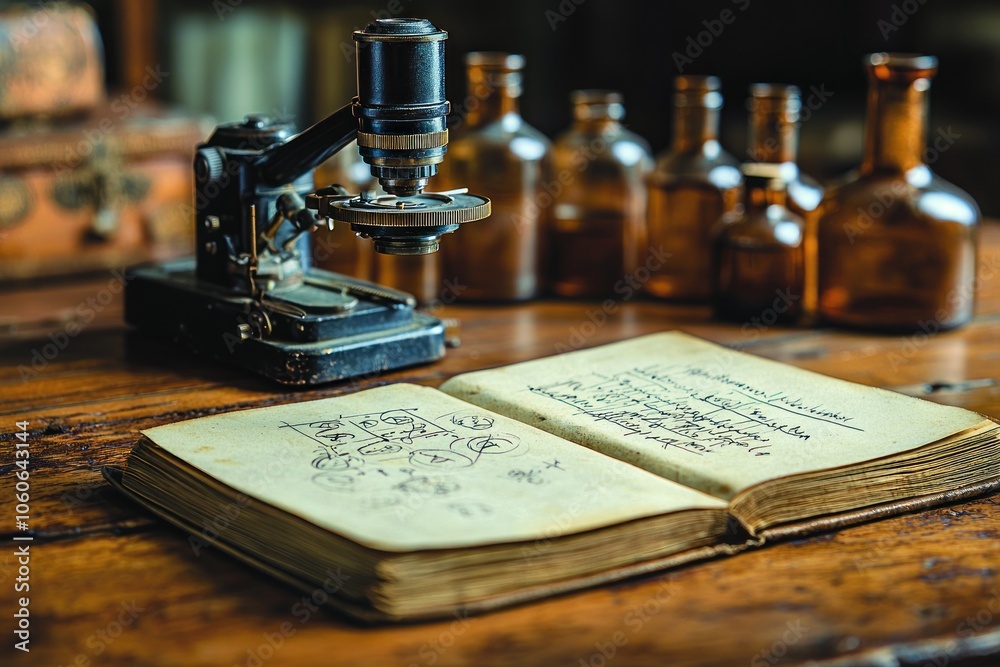 Poster Antique Microscope and Open Notebook with Handwritten Notes on Wooden Table