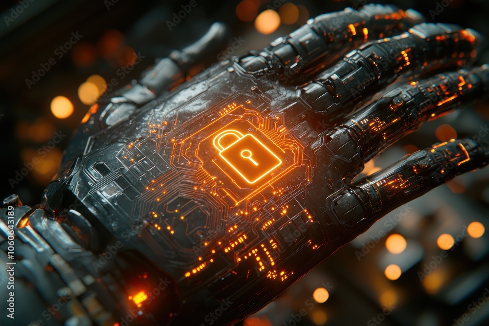 Aufkleber A Metallic Robotic Hand with a Glowing Padlock Icon Embedded in its Circuitry