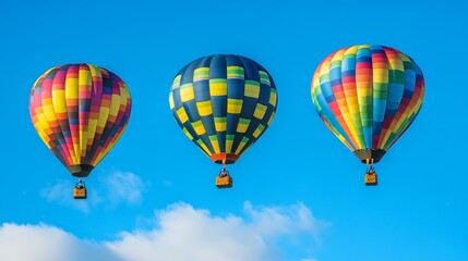Fototapeta premium Three colorful hot air balloons floating in a bright blue sky.