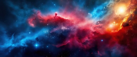 Obraz premium Vibrant nebula, cosmic clouds, deep space, red and blue colors, starry background, swirling gases, celestial beauty, astronomical phenomenon, galactic art, colorful cosmos, ethereal space scene, inter
