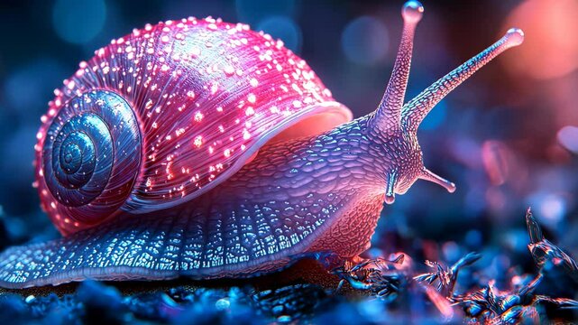 Snail gliding through a dark environment with a radiant pink shell