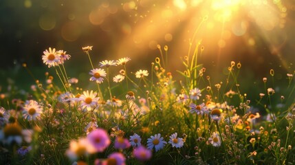 Sun rays illuminating a field of wildflowers in spring