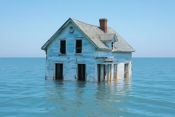 A dilapidated house partially submerged in calm blue water